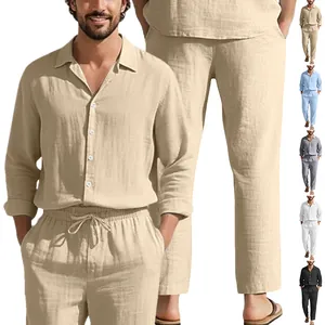 Homme Chemise Et Pantalon En Lin Coton Manches Longues Décontracté Plage Vacances Léger Confortable