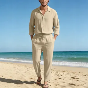 Ensemble chemise lin manches longues et pantalon à cordon pour homme, style plage d'été