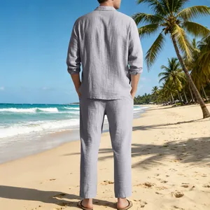 Ensemble de plage en lin gris clair pour hommes avec chemise manches longues et pantalon