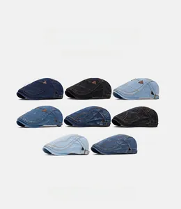 Détails de casquettes gavroche en denim avec boucle réglable et écusson en cuir