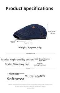 Infographie présentant le béret en jean bleu foncé avec poids 85g et taille 56-61cm