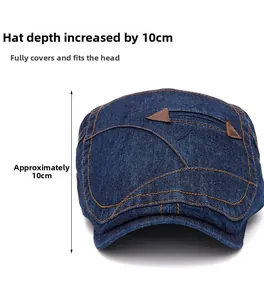 Détail de la casquette en jean montrant la profondeur de 10 cm et les coutures