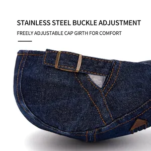 Béret vintage en denim bleu avec surpiqûres jaunes et boucle métallique réglable