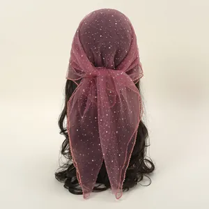 Detail of purple mesh headscarf with sparkling rhinestones and delicate edging