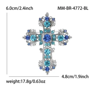 Baroque silver cross brooch with blue crystals for women, size 6.0cm by 4.8cm