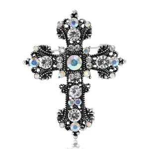 Baroque silver cross brooch with clear and Aurora Borealis crystal rhinestones