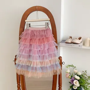 Detailed view of layered pastel rainbow tulle ruffles on a girls puffy tutu skirt