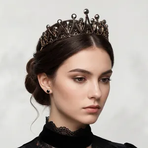 Macro detail of high-end gold-plated crown with black rhinestones and crystal branches