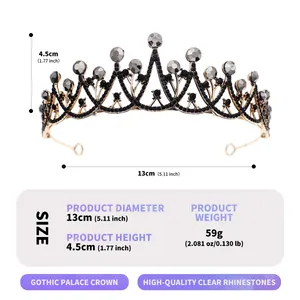 Elegant gold crown with black and grey rhinestones, dimensions 13cm x 4.5cm, 59g weight