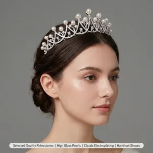 Baroque Rhinestone Artificial Pearl Bridal Crown For Wedding Party Alloy Hollow Tiara For Women Elegant Headpiece Hair Jewelry