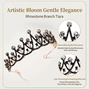 Elegant gold branch crown with black rhinestones and crystals for weddings and parties