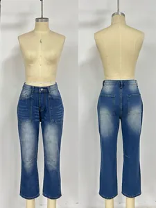 Front and back view of high waist washed denim trousers with large utility patch pockets