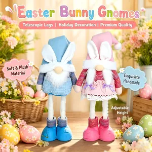 Easter Gnome Plush Decoration With Telescopic Legs Rabbit Ears Pink Blue Knitted Fabric Faceless Doll Figurine For Home Holiday Party Tabletop Ornament