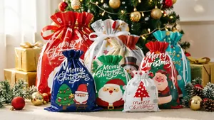 Close-up of assorted colorful Merry Christmas drawstring gift bags with festive patterns
