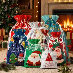 Christmas Gift Bags Drawstring Plastic Foil Wrapping Bags For Party Favors Santa Reindeer Snowman Patterns Holiday Decor