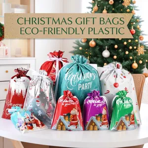 Festive Christmas drawstring gift bags with Santa and snowman prints for holiday parties