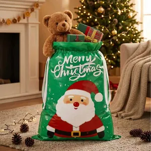 Green Christmas gift bag with Santa Claus illustration and white drawstring closure