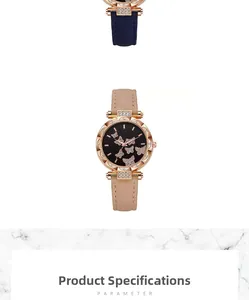 Dettaglio dell'orologio oro rosa con farfalle di cristallo e cinturini in pelle