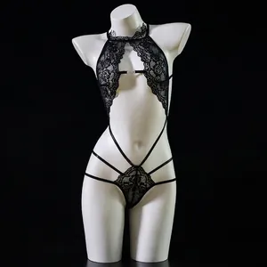 Sexy black lace halter teddy bodysuit with floral embroidery and cutout details