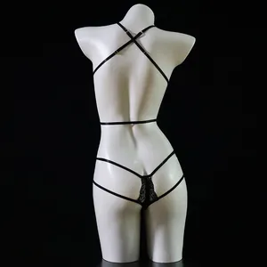 Detailed back view of sexy black lace halter teddy with crisscross strap design