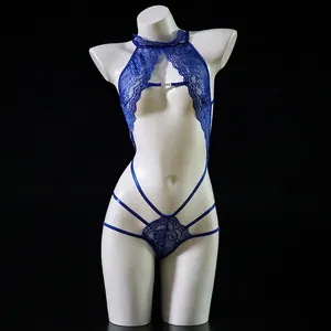 Royal blue lace teddy lingerie with halter neck and cutout details on white mannequin