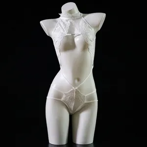 Close-up of white floral lace detail and halter neck hollow out design on bodysuit
