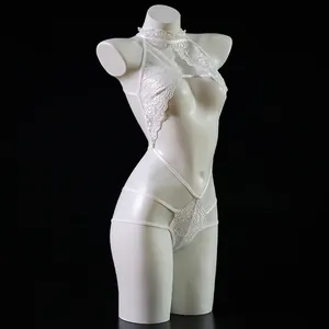 White lace halter teddy lingerie with sheer cutout design on a mannequin