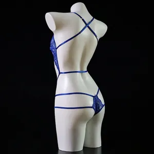Sexy royal blue lace teddy lingerie with halter neck and cross strap back design