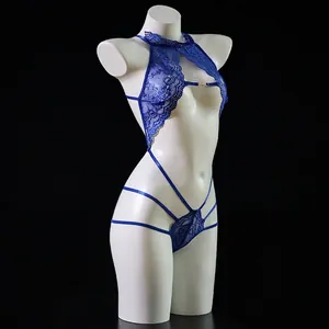 Royal blue lace halter neck bodysuit with front cutout and metallic rhinestone detail