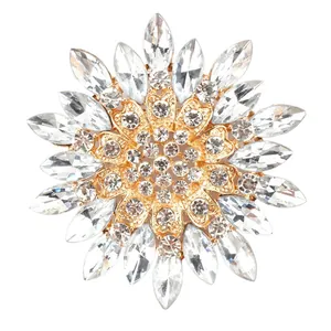 Elegant gold flower brooch with crystal rhinestones for coats and jackets