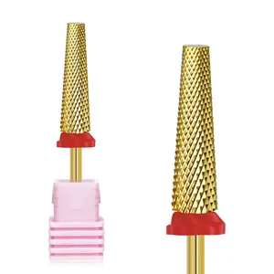 Nagelfräser in Gold mit Kreuztextur, rotem Ring und rosa Kunststoff-Schutzbasis