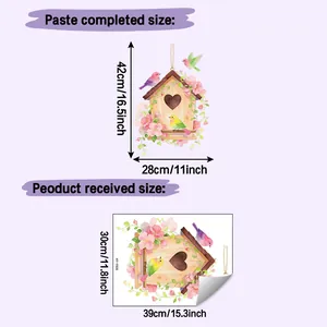Pastoral wall stickers featuring a birdhouse with pink flowers and colorful hummingbirds