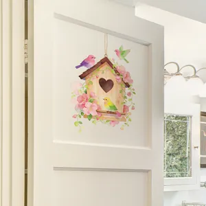 Pastoral watercolor birdhouse wall sticker with pink flowers and birds on white door