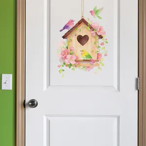 Pastoral style self-adhesive wall sticker featuring birdhouse with pink flowers and colorful birds