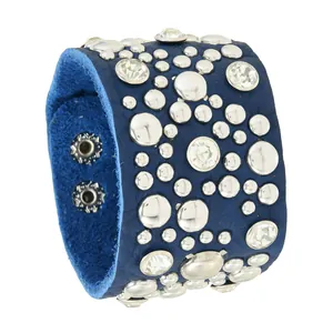 Bracciale da Uomo Punk in Pelle di Vacca Con Rivetti e Strass Largo Blu in Pelle Cinturino Regolabile Con Bottoni a Pressione Gioielli