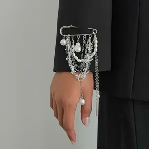 Détail d'une broche argentée à chaînes multiples avec perles et cristaux sur manche