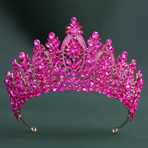Elegant baroque bridal tiara with pink crystals and golden alloy floral design