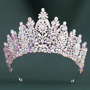 Detailed view of Baroque bridal tiara with AB iridescent crystals on silver metal base