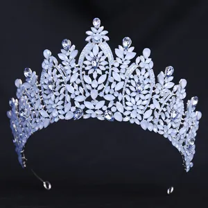 Macro view of Baroque bridal crown featuring silver alloy and light blue opal crystals