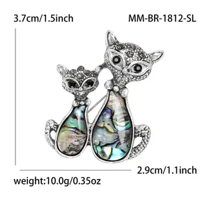 Cat couple brooch in antique silver finish with iridescent abalone shell inlay