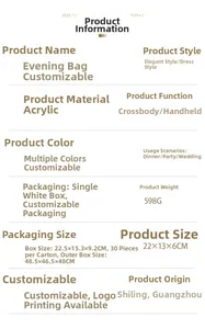 Detailed product specs of acrylic evening clutch bag sized 22x13x6cm and 598g weight