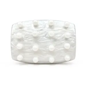 Elegant ivory marble acrylic evening bag with 16 pearls decoration and chain strap