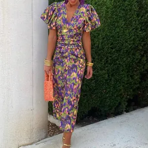 Detail of deep V-neckline and puffed short sleeves on purple leopard print dress