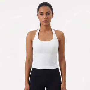 Front view of a white halter neck sports top with a smooth U-shaped neckline