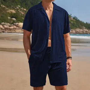 Men's navy blue casual short sleeve shirt and shorts set with textured stripe fabric