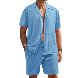 Men summer casual sky blue ribbed knit short sleeve shirt and shorts set with drawstring