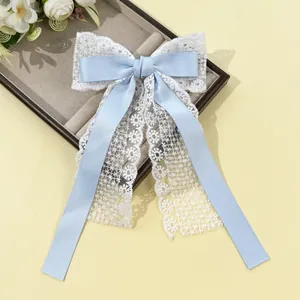 Détail du ruban en satin bleu clair et dentelle fleurie blanche sur la barrette