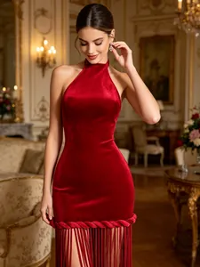 Elegant wine red velvet halter dress with slim fit silhouette and tassel hem fringe