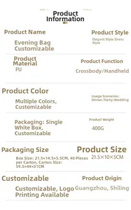 Detailed size specifications table for the PU evening clutch with 21.5x10x5CM dimensions