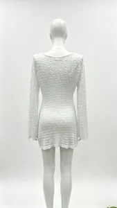Detailed back view of white crochet knit mini dress featuring openwork geometric patterns